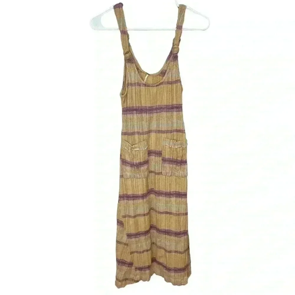 Free People Harper Striped Midi Dress Mustard Combo XS granolagirl cottage core